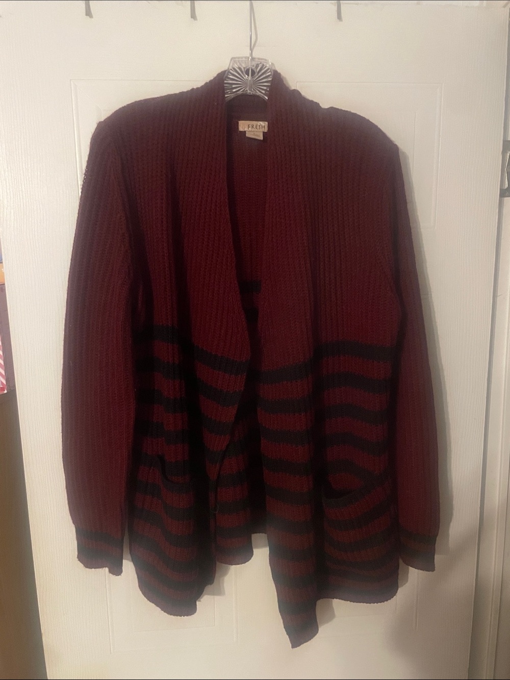 fresh Burgundy and Black Striped Open-Front Cardigan